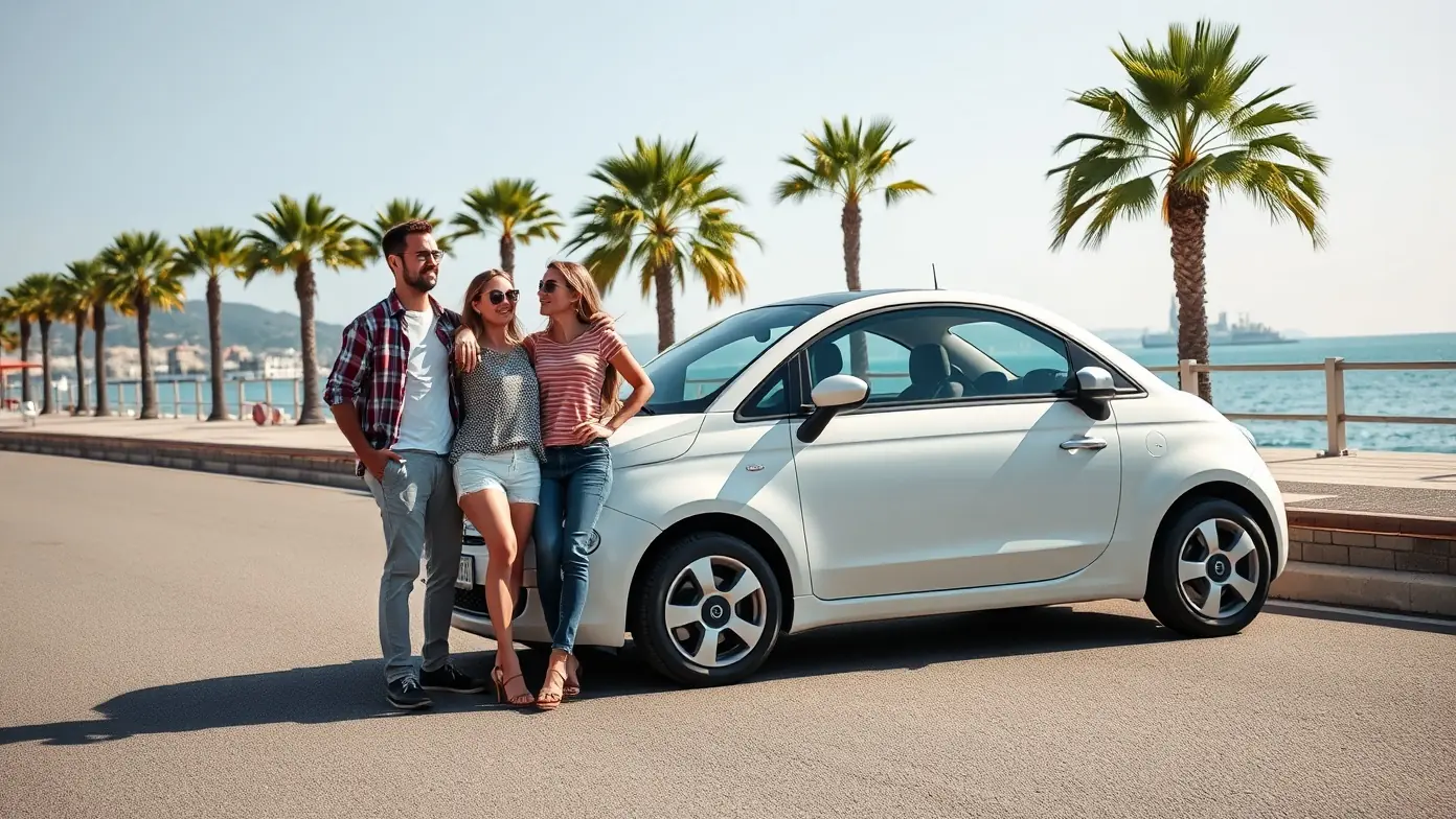 Couple picking up a rental car on the Batumi seaside promenade with palm trees and Black Sea behind