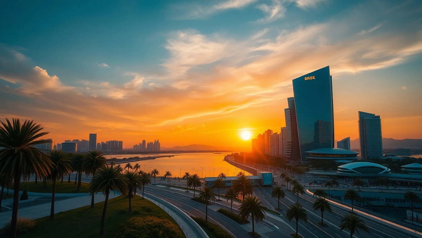 Modern Batumi skyline along the Black Sea coast with palm-lined boulevard at golden hour